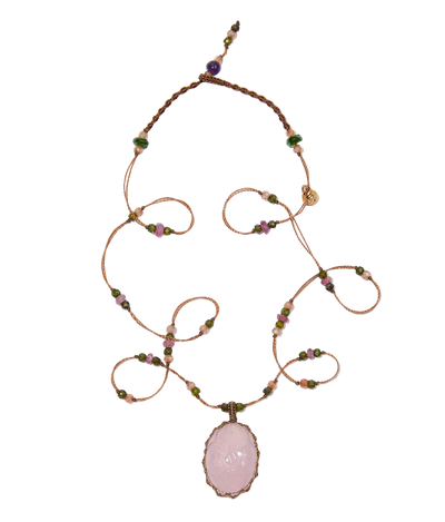 Collana Lunga Tibetana - Quarzo Rosa - Mix Tormalina Rosa - Filo Beige