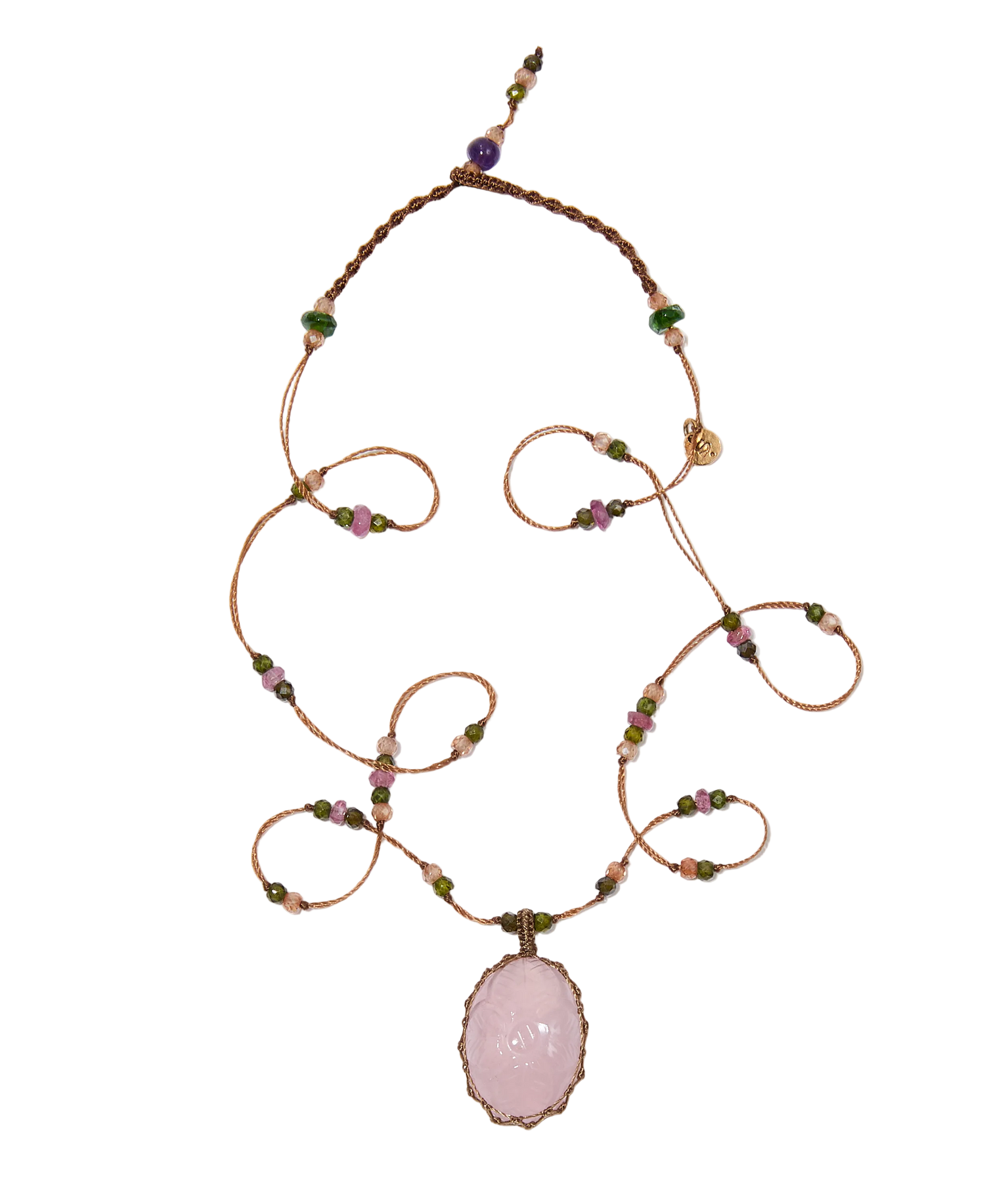 Collier Court Tibétain - Quartz Rose Sculpté - Mix Tourmaline - Fil Tabac
