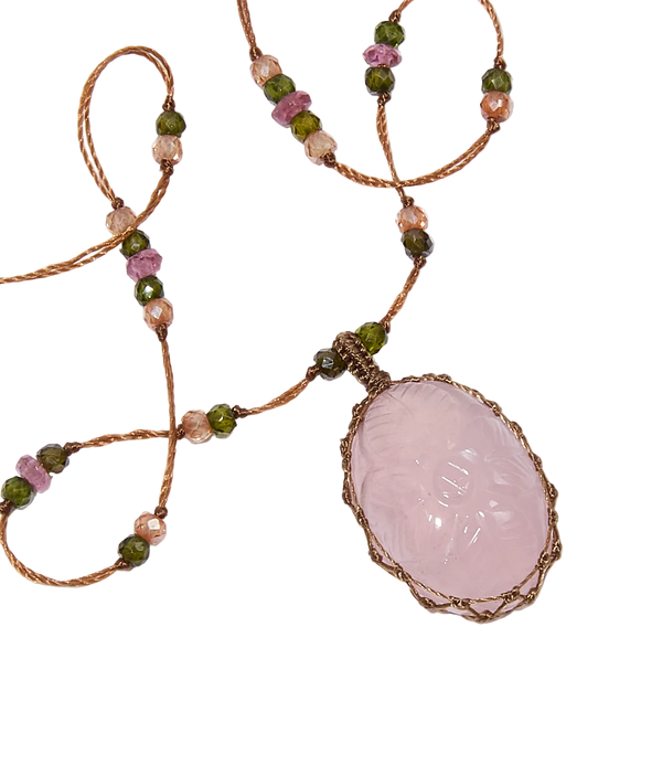 Collier Court Tibétain - Quartz Rose Sculpté - Mix Tourmaline - Fil Tabac