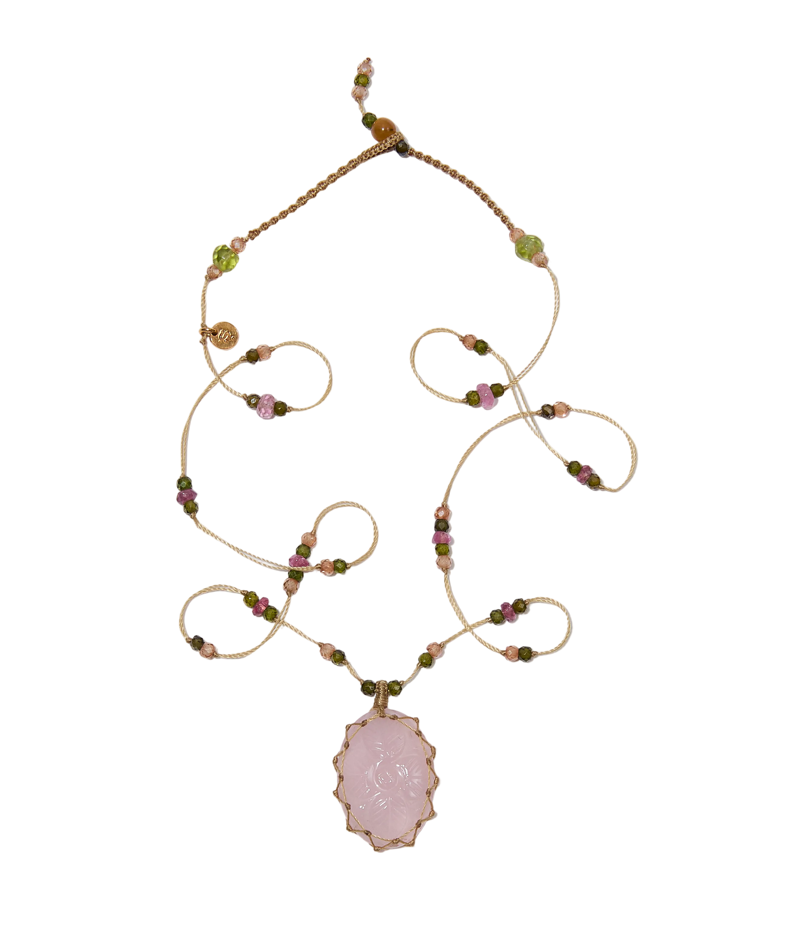 Collier Court Tibétain - Quartz Rose Sculpté - Mix Tourmaline - Fil Beige