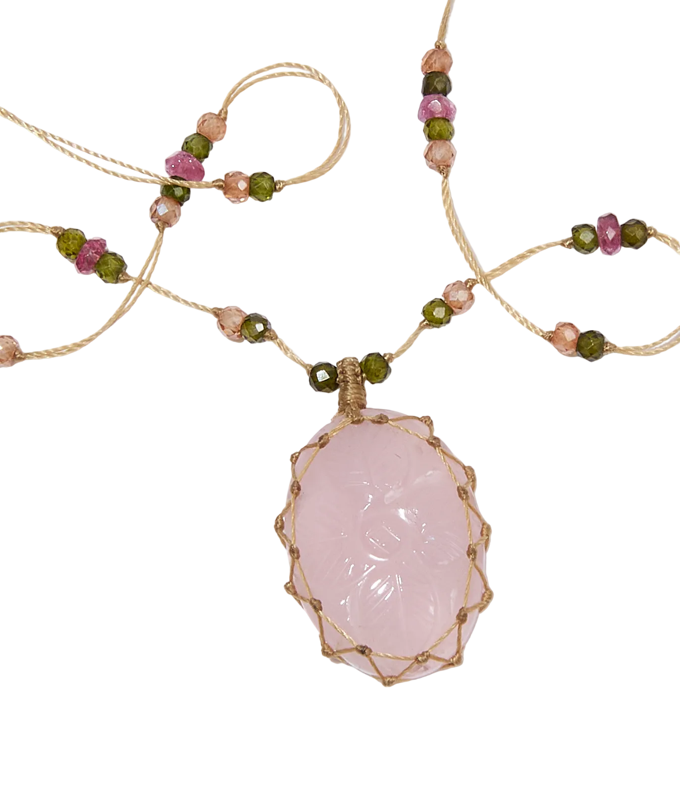 Collier Court Tibétain - Quartz Rose Sculpté - Mix Tourmaline - Fil Beige