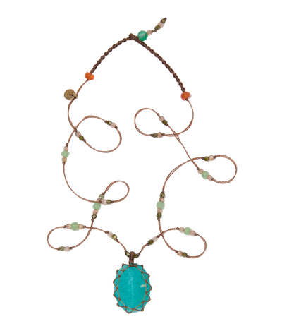 Short Tibetan Necklace - Blue Amazonite - Rose Tourmaline Mix - Beige Thread