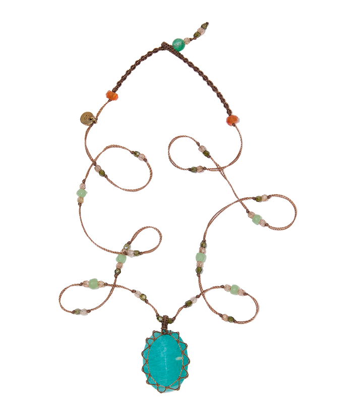 Short Tibetan Necklace - Blue Amazonite - Rose Tourmaline Mix - Beige Thread