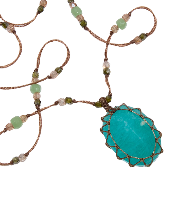 Collier Court Tibétain - Amazonite Bleue - Mix Chrysoprase - Fil Tabac