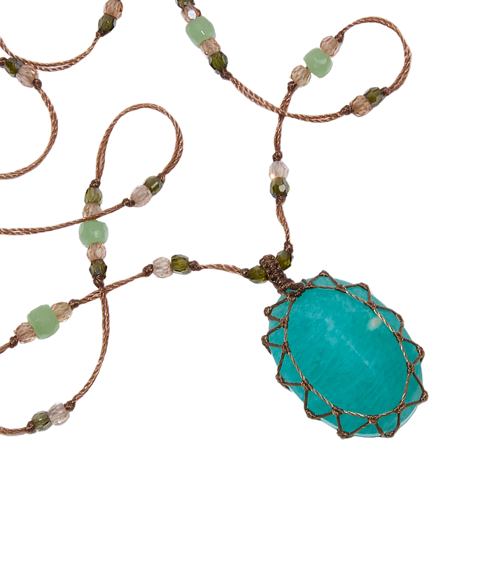 Short Tibetan Necklace - Blue Amazonite - Rose Tourmaline Mix - Beige Thread