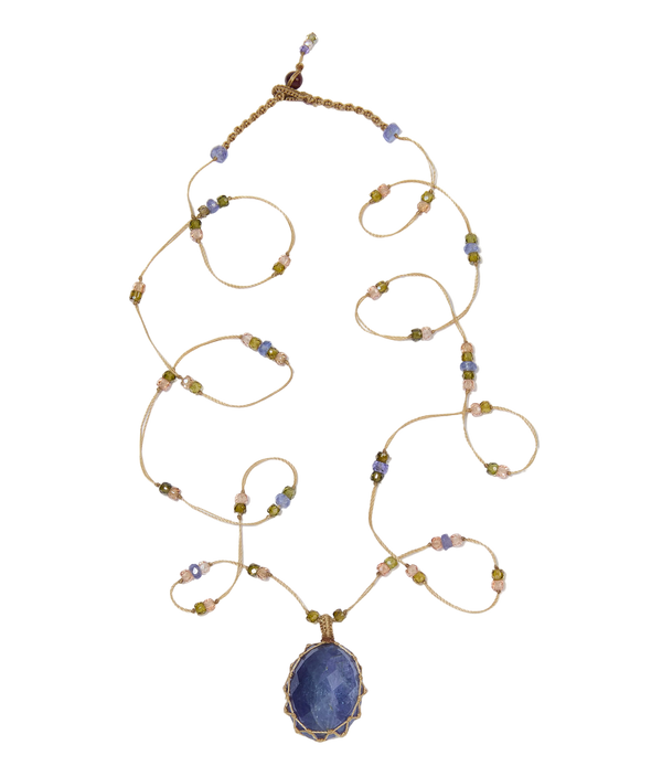 Sautoir Tibétain - Tanzanite - Mix Saphir - Fil Beige