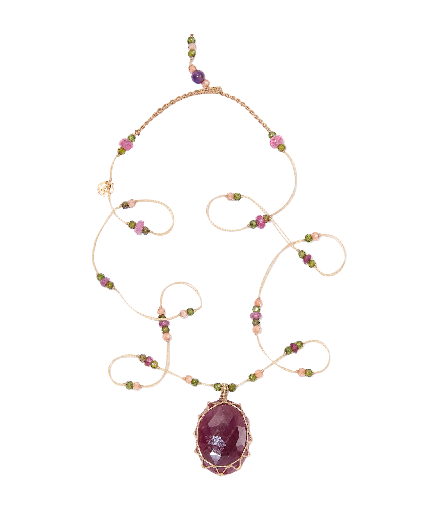 Collier Court Tibétain - Rubis - Mix Tourmaline - Fil Beige