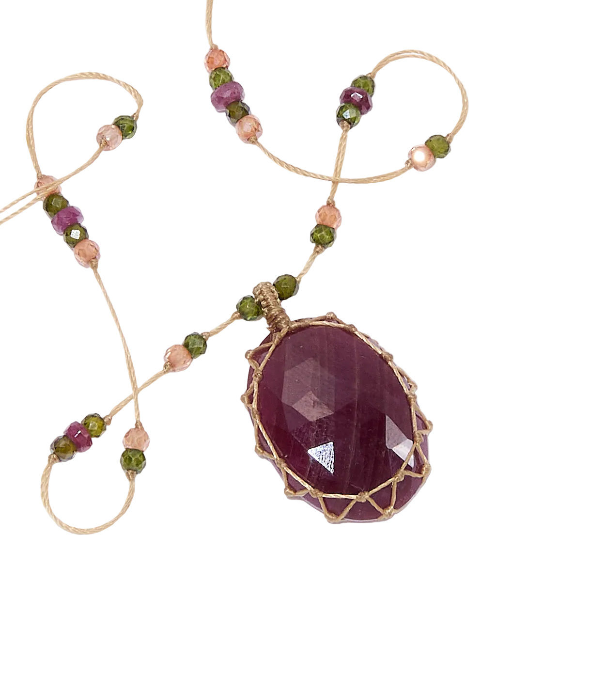 Collier Court Tibétain - Rubis - Mix Tourmaline - Fil Beige