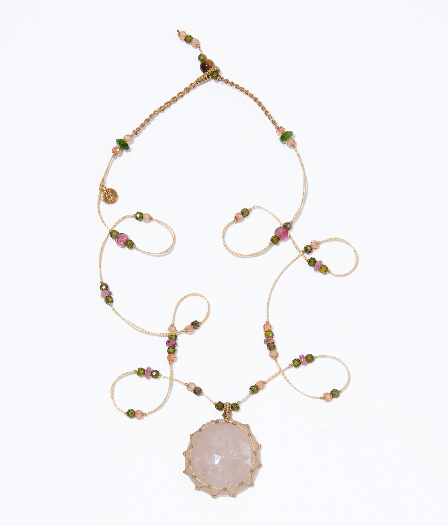 Short Tibetan Necklace - Blue Corundum - Mixed Tourmaline - Beige Thread