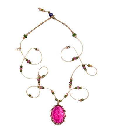 Collana Lunga Tibetano - Vetro Rosa Indiano - Mix di Tormalina Rosa - Filo Beige