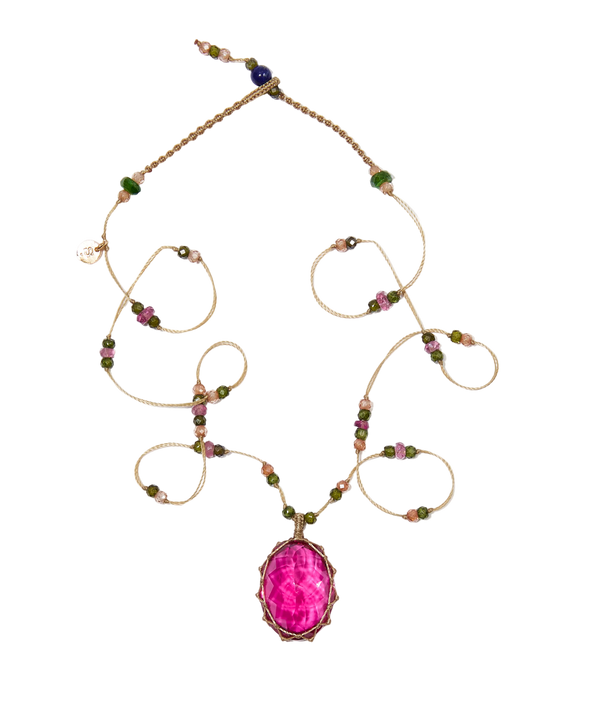 Collier Court Tibétain - Pink Indian Glass - Mix Tourmaline Rose - Fil Beige