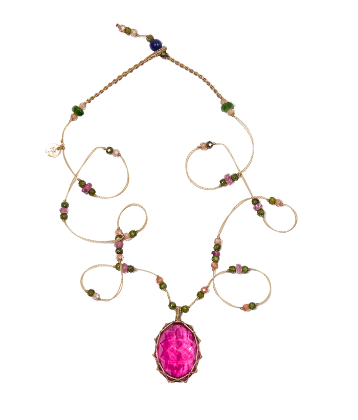 Sautoir Tibétain - Rosa Indisches Glas - Mix Rosen Turmalin - Beiger Faden