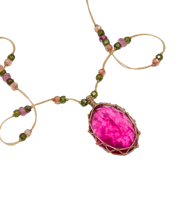 Collier Court Tibétain - Pink Indian Glass - Mix Tourmaline Rose - Fil Beige