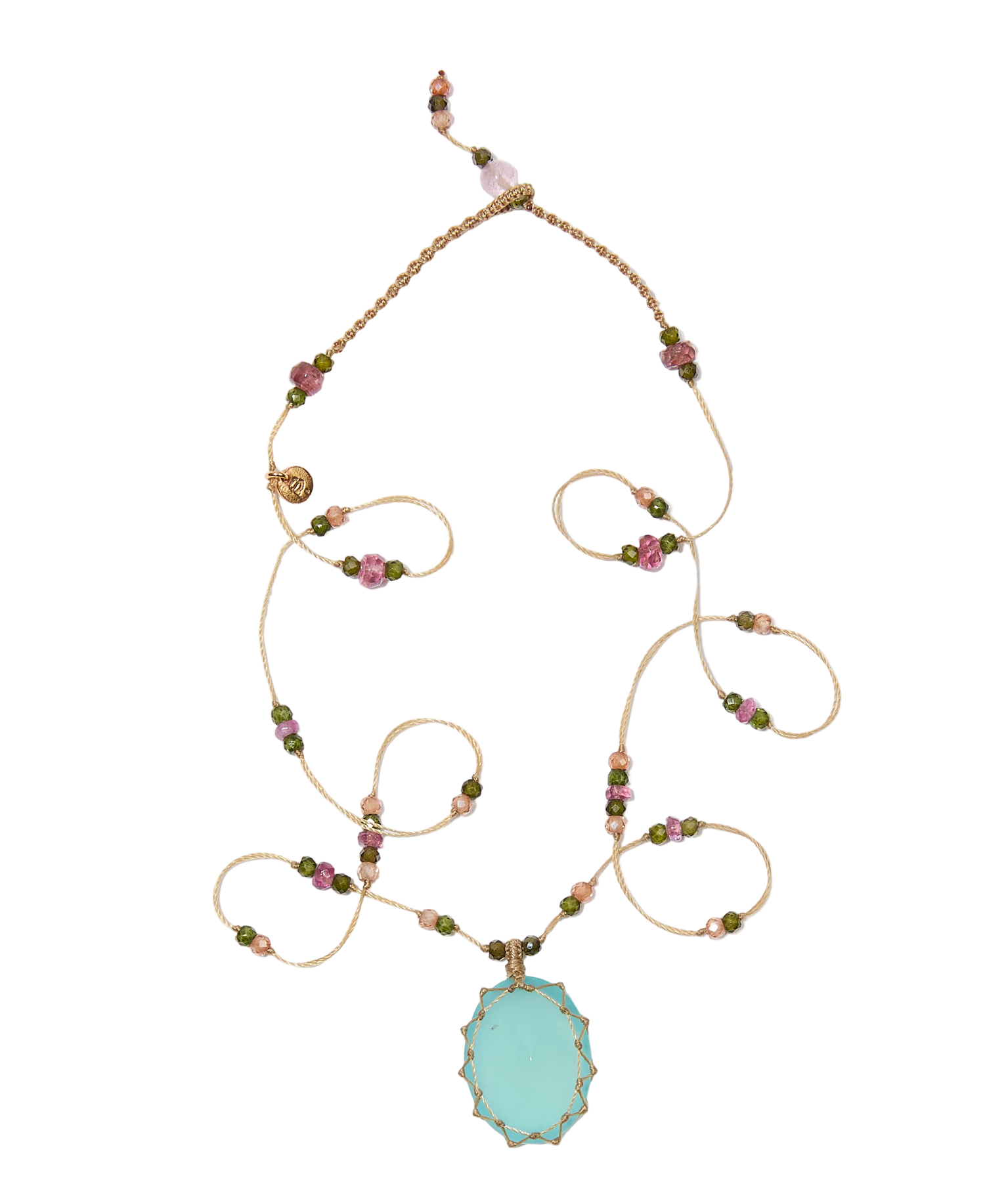 Collier Court Tibétain - Calcédoine Bleue - Mix Tourmaline - Fil Beige