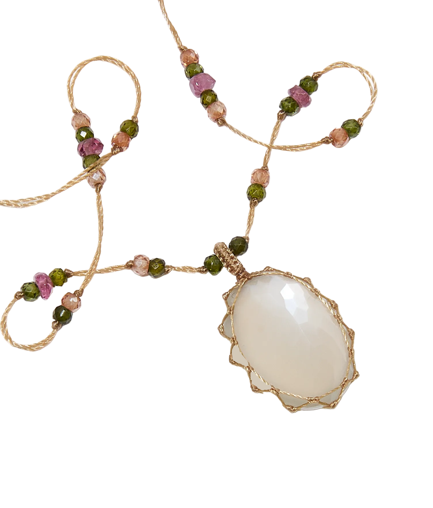 Collier Court Tibétain - Pierre de Lune - Mix Tourmaline - Fil Beige