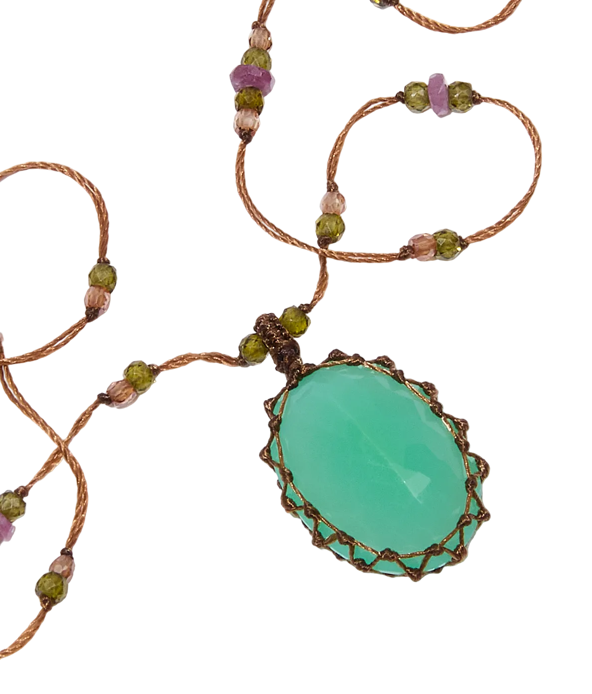 Collier Court Tibétain - Chrysoprase - Mix Tourmaline - Fil Tabac
