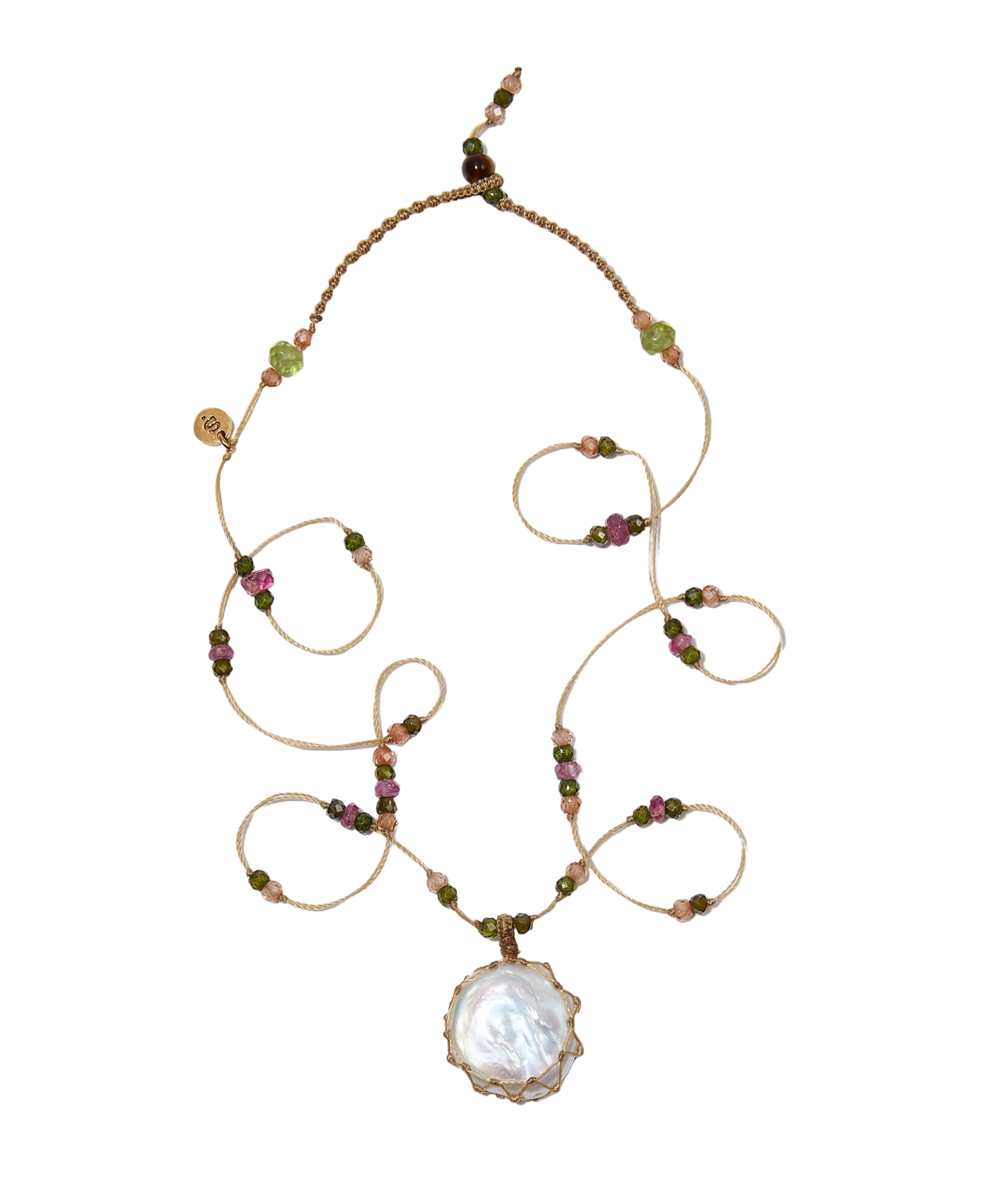 Collier Court Tibétain - Perle - Mix Tourmaline - Fil Beige