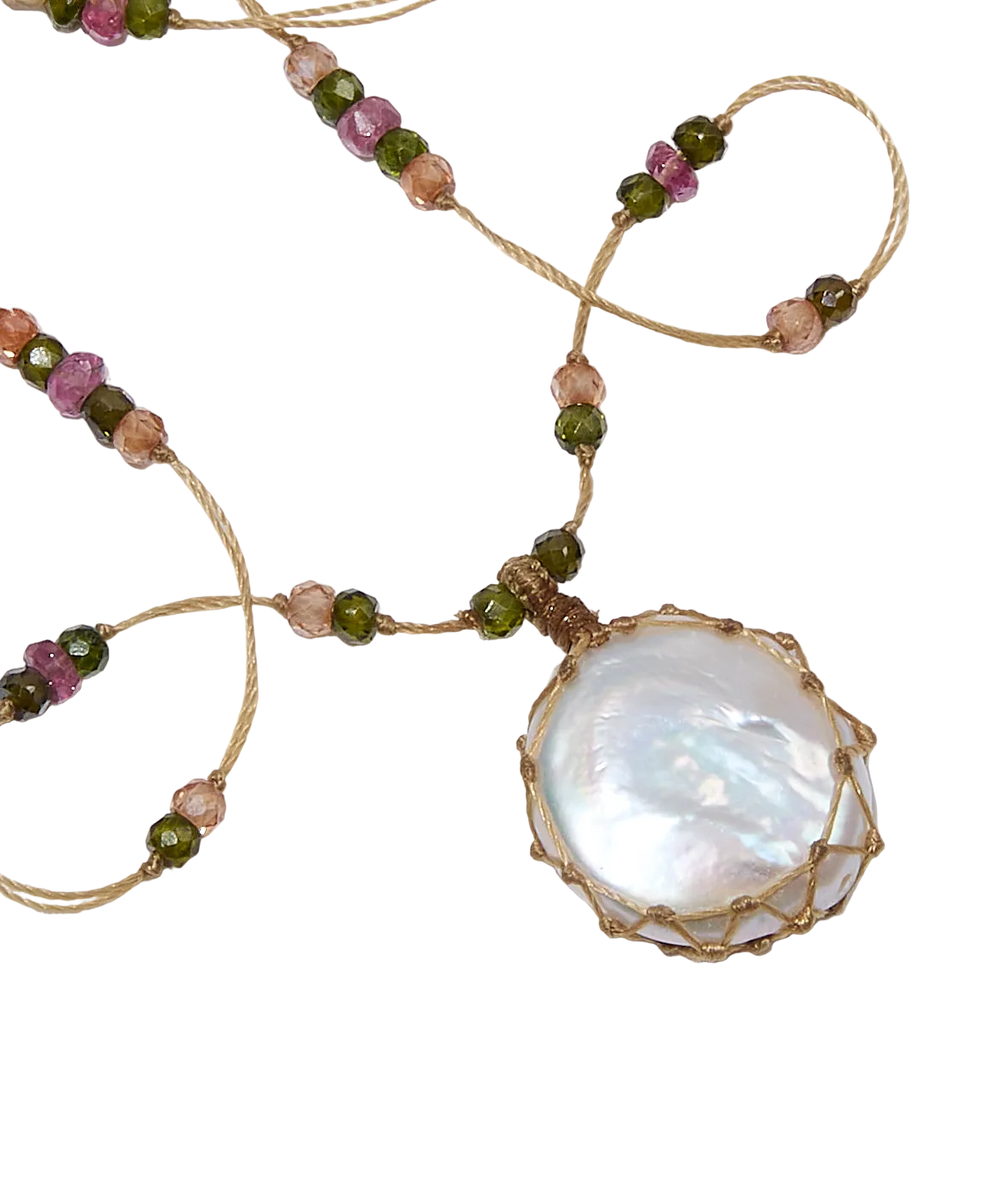 Short Tibetan Necklace - Indian Glass Peridot - Rose Tourmaline Mix - Tobacco Thread