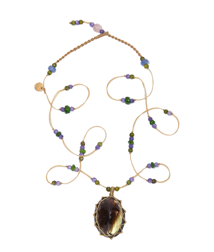Collana corta tibetana - Quarzo cristallo - Mix Tormalina rosa - Filo di tabacco