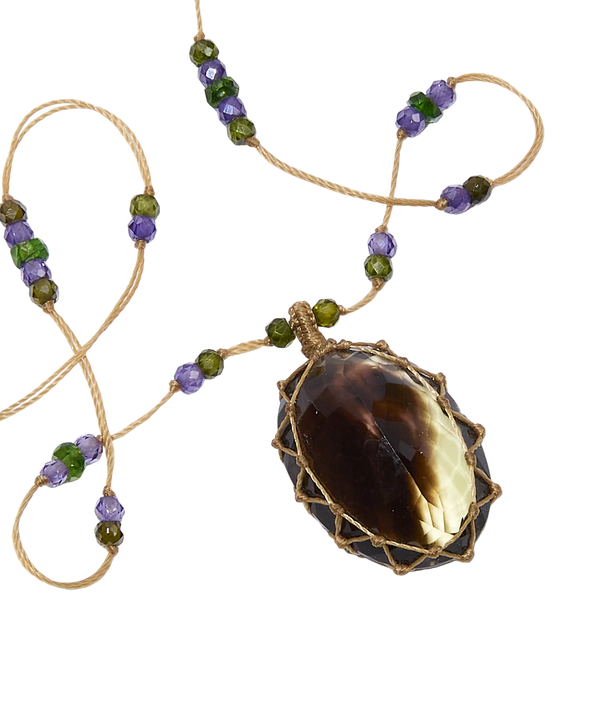 Collier Court Tibétain - Bio Lemon - Mix Tsavorite & Purple - Fil Beige