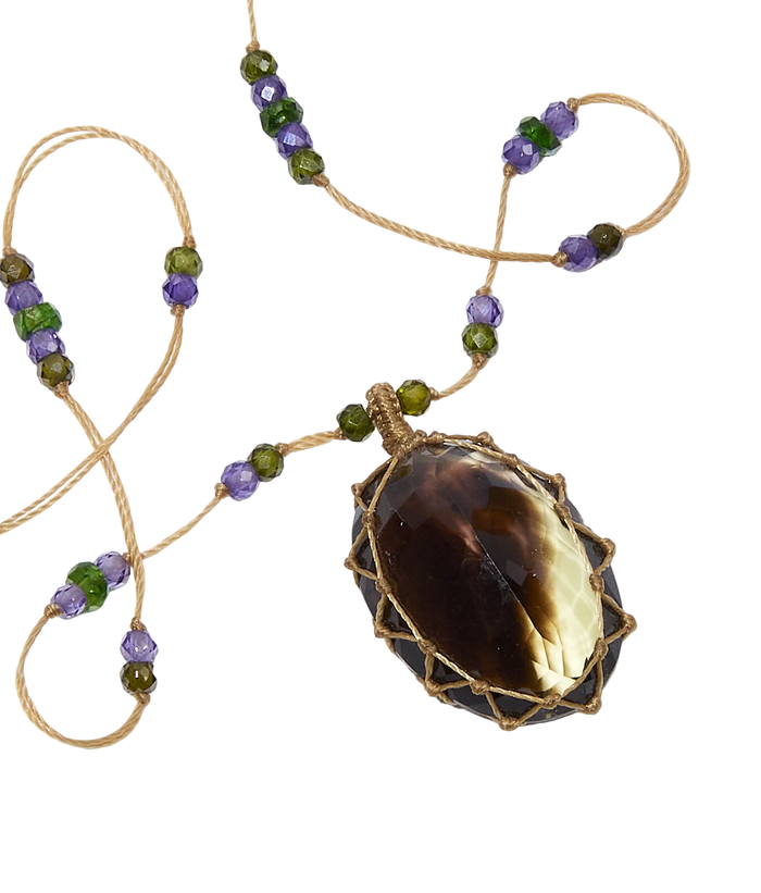 Collana corta tibetana - Quarzo cristallo - Mix Tormalina rosa - Filo di tabacco