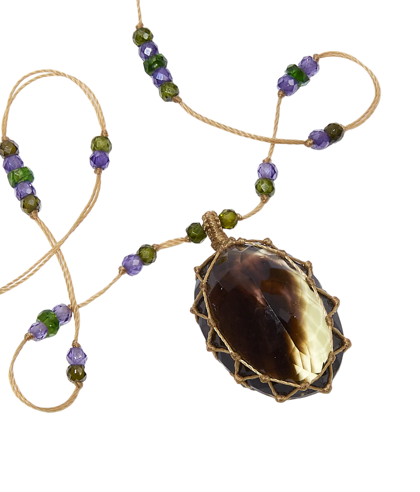 Collier Court Tibétain - Bio Lemon - Mix Tsavorite & Purple - Fil Beige