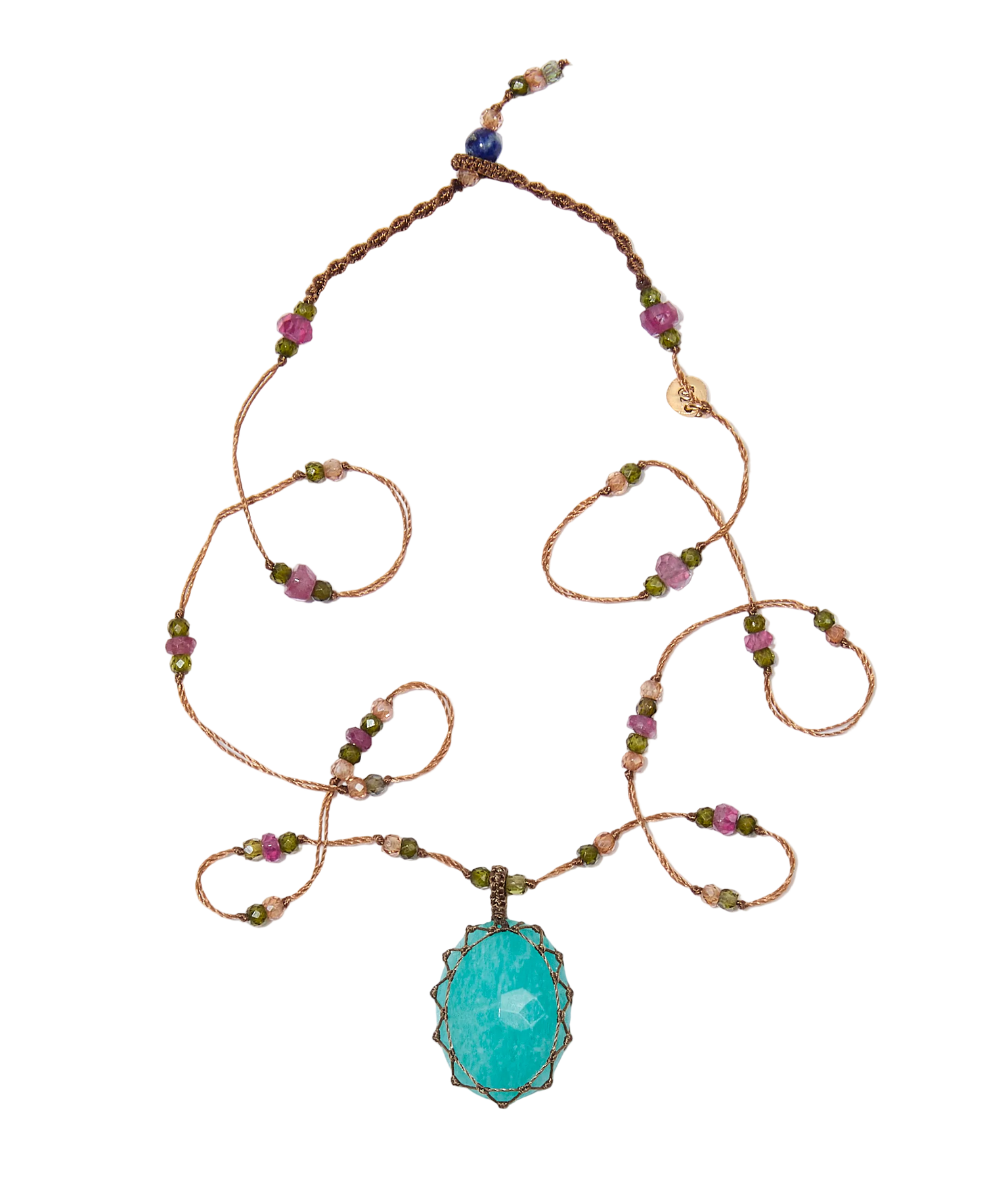 Collier Court Tibétain - Amazonite Bleue - Mix Tourmaline Rose - Fil Tabac