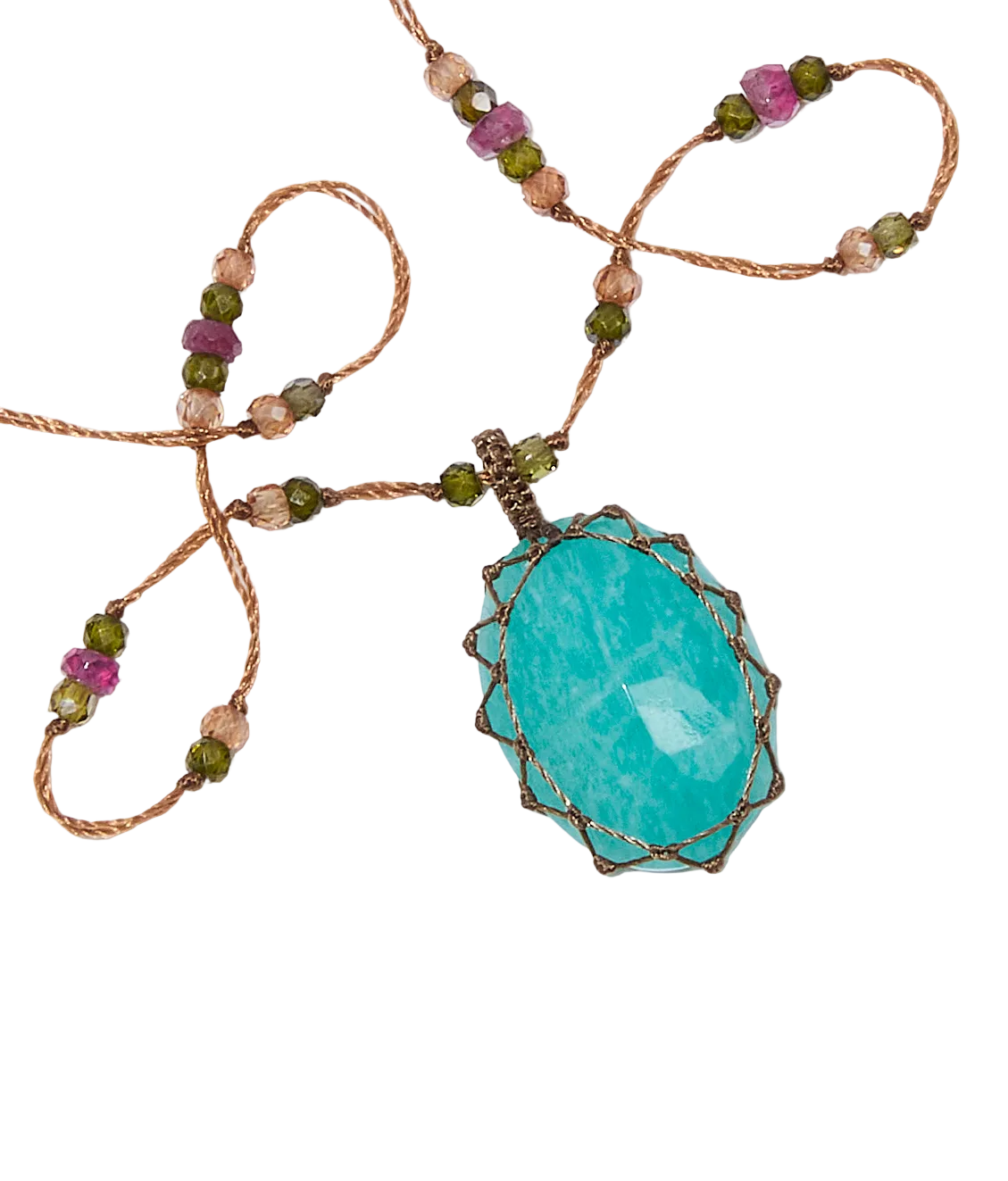 Collier Court Tibétain - Amazonite Bleue - Mix Tourmaline Rose - Fil Tabac