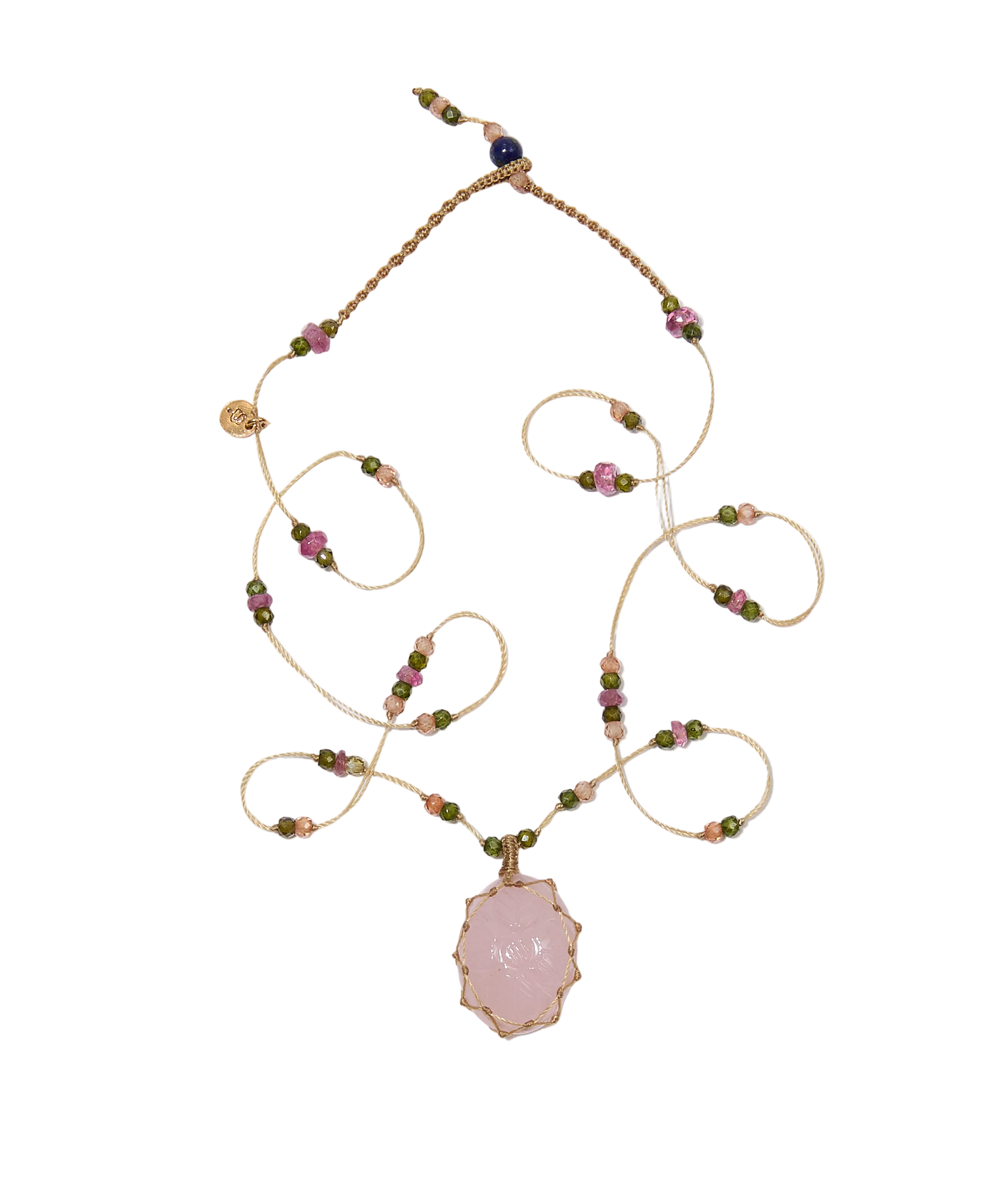 Collier Court Tibétain - Quartz Rose Sculpté - Mix Tourmaline - Fil Beige