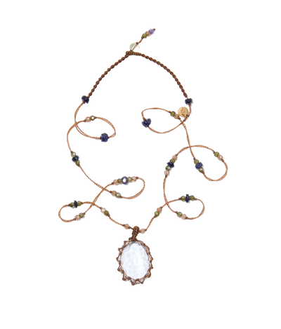 Tibetan short necklace - Crystal Quartz - Mix Emerald - Tobacco thread