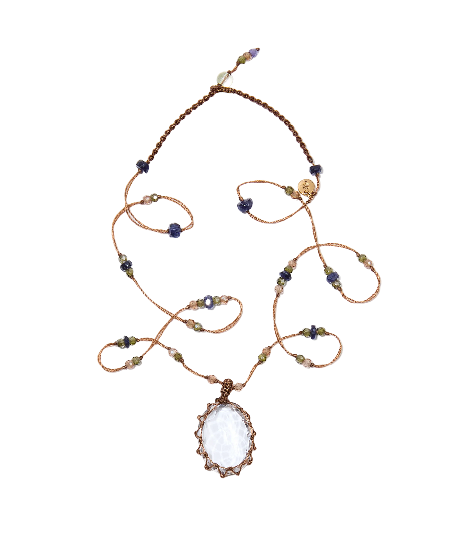 Collier Court Tibétain - Crystal Quartz - Mix Saphir - Fil Tabac