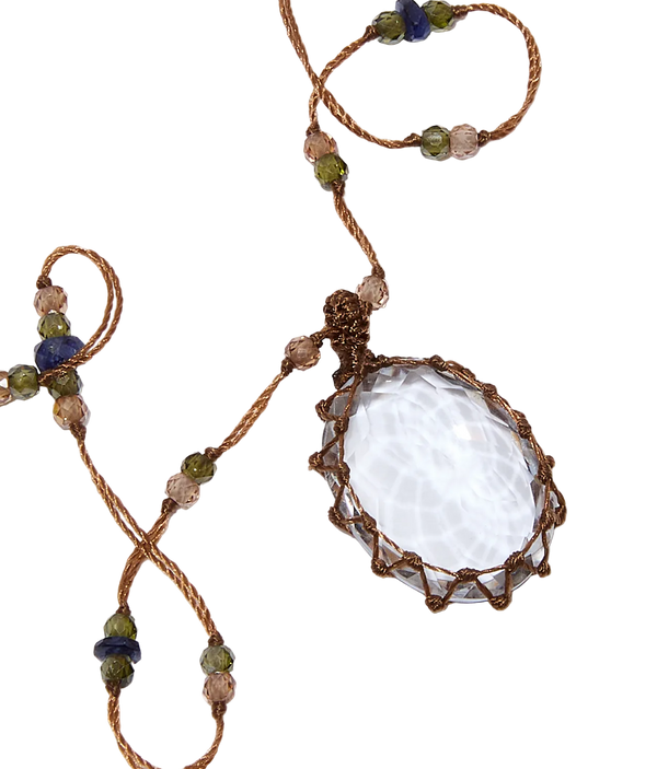Collier Court Tibétain - Crystal Quartz - Mix Saphir - Fil Tabac
