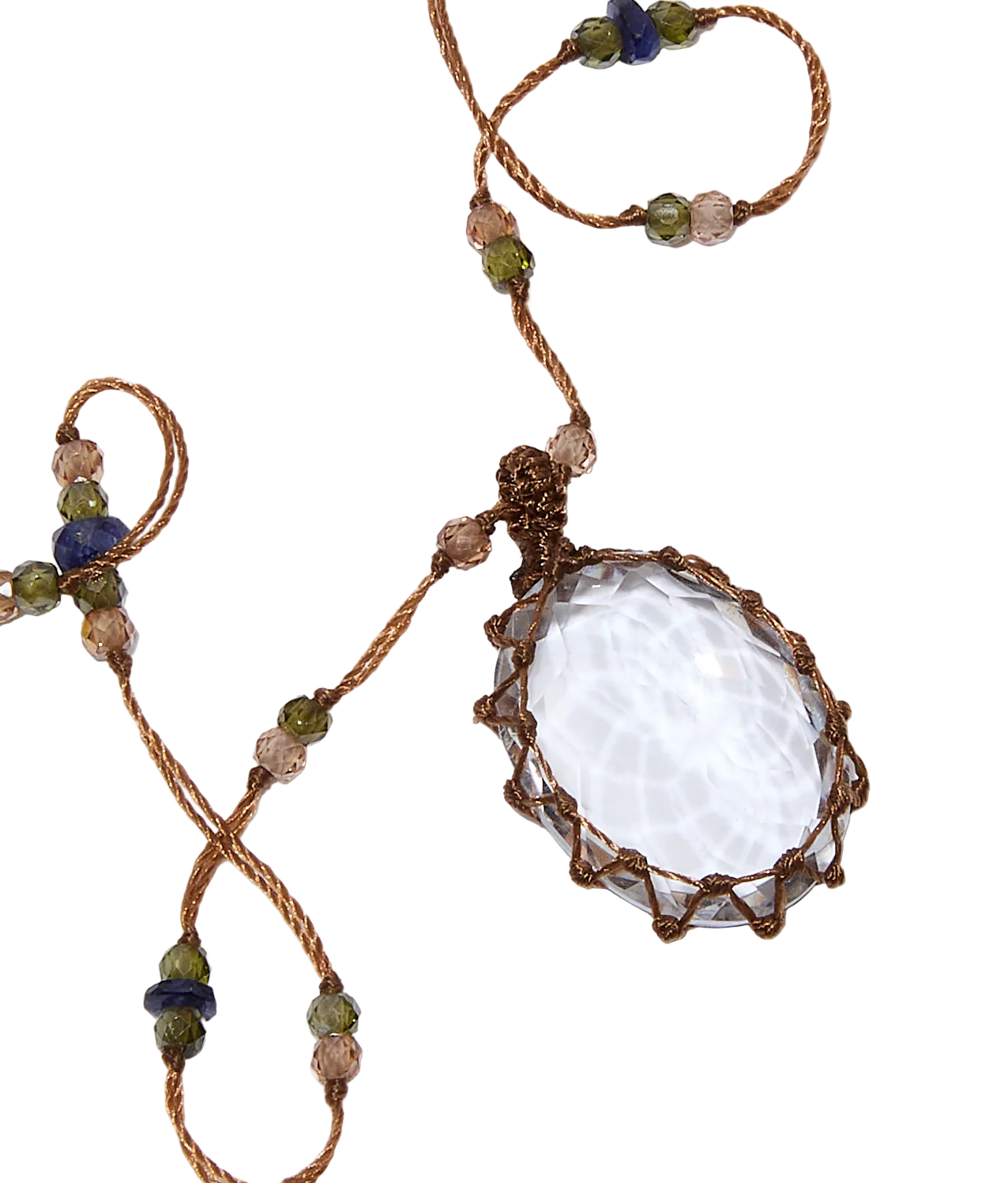Collier Court Tibétain - Crystal Quartz - Mix Saphir - Fil Tabac