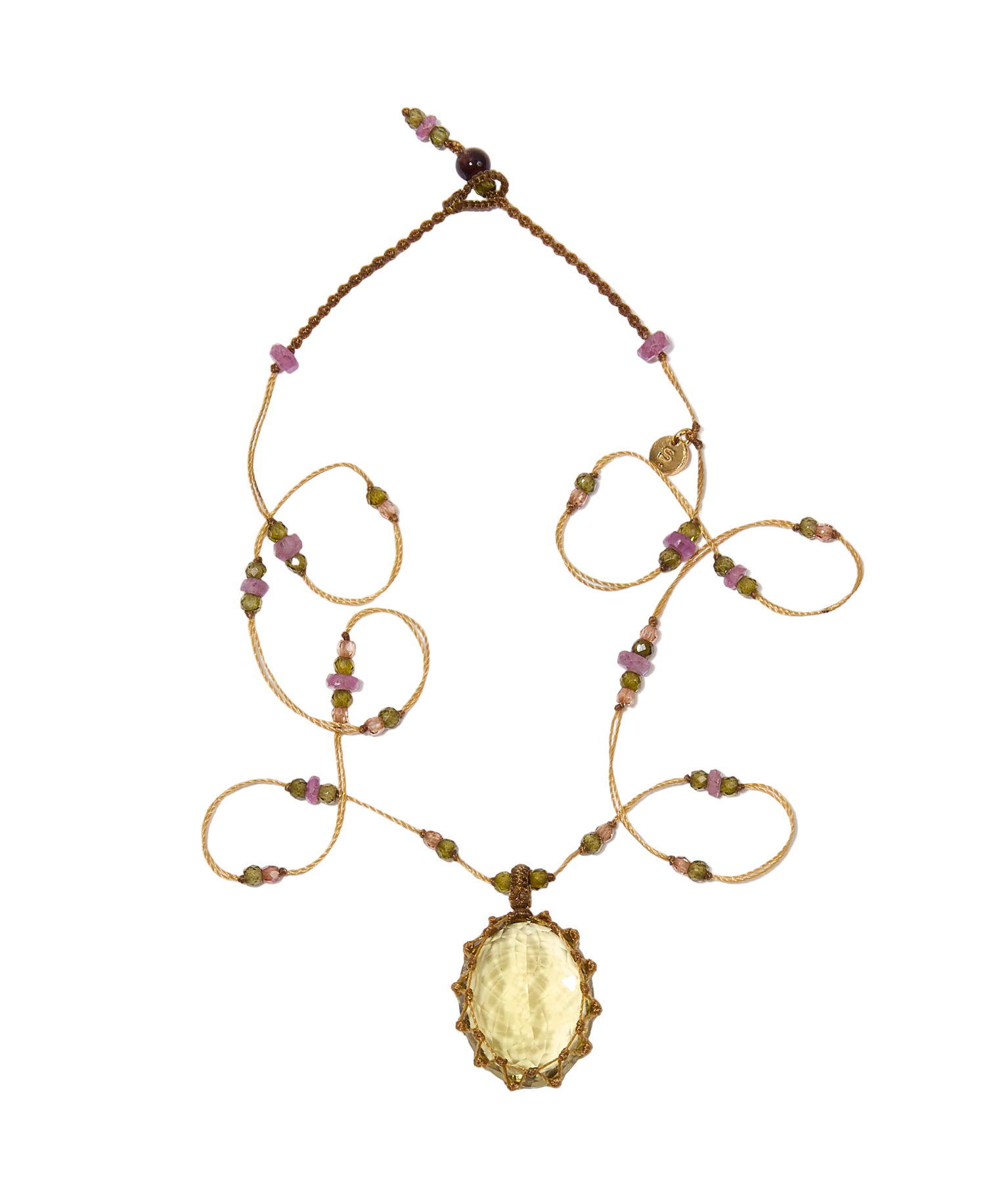 Collana Lunga Tibetano - Topazio Limone - Mix Tormalina Rosa - Filo Tabacco