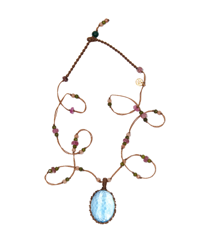 Long Tibetan Necklace - Blue Topaz - Multi-Stone Mix - Beige Thread