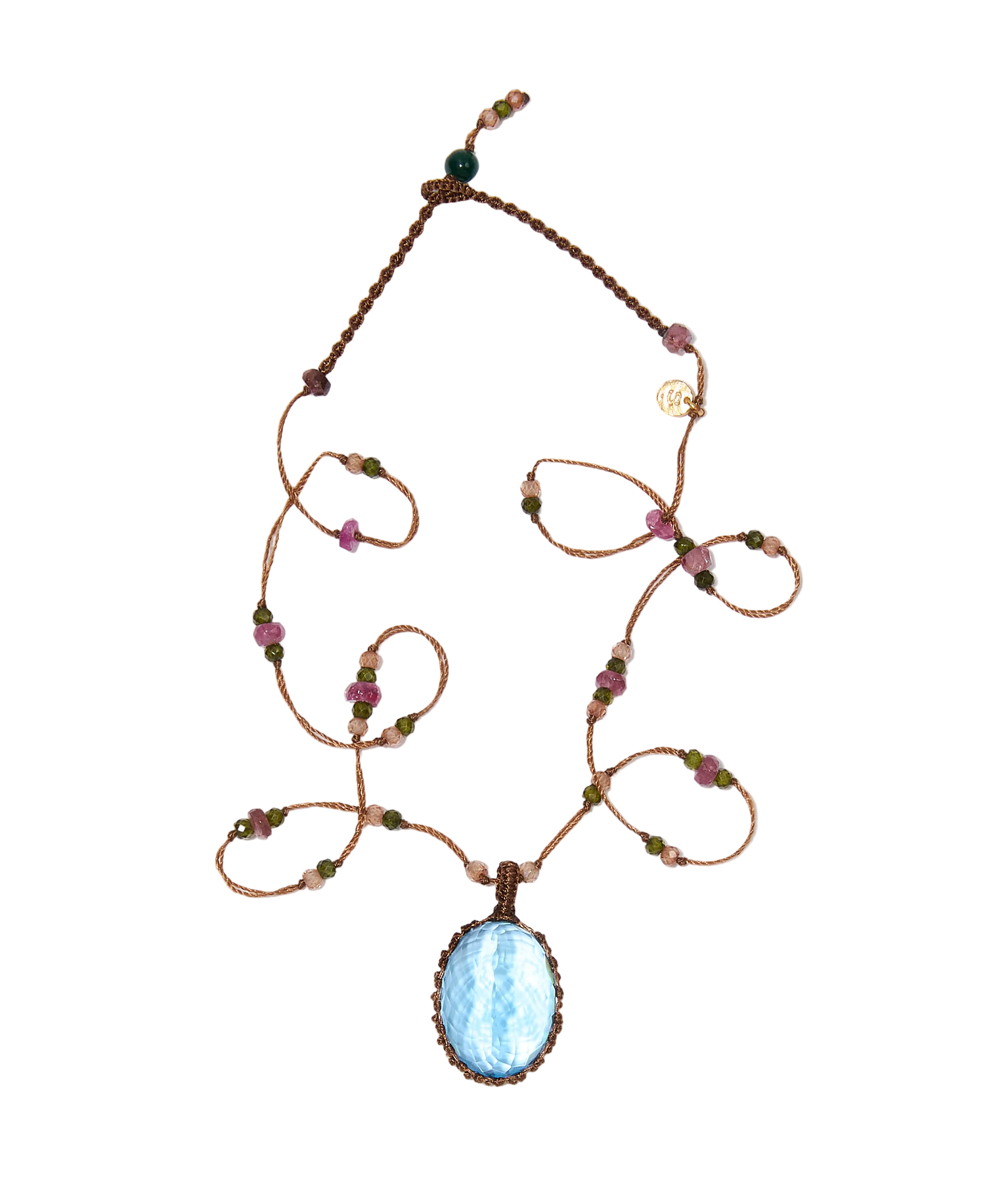 Collier Court Tibétain - Topaze Bleue - Mix Tourmaline - Fil Tabac