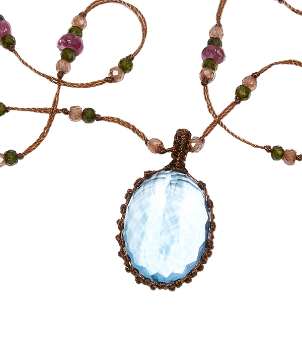 Collier Court Tibétain - Topaze Bleue - Mix Tourmaline - Fil Tabac