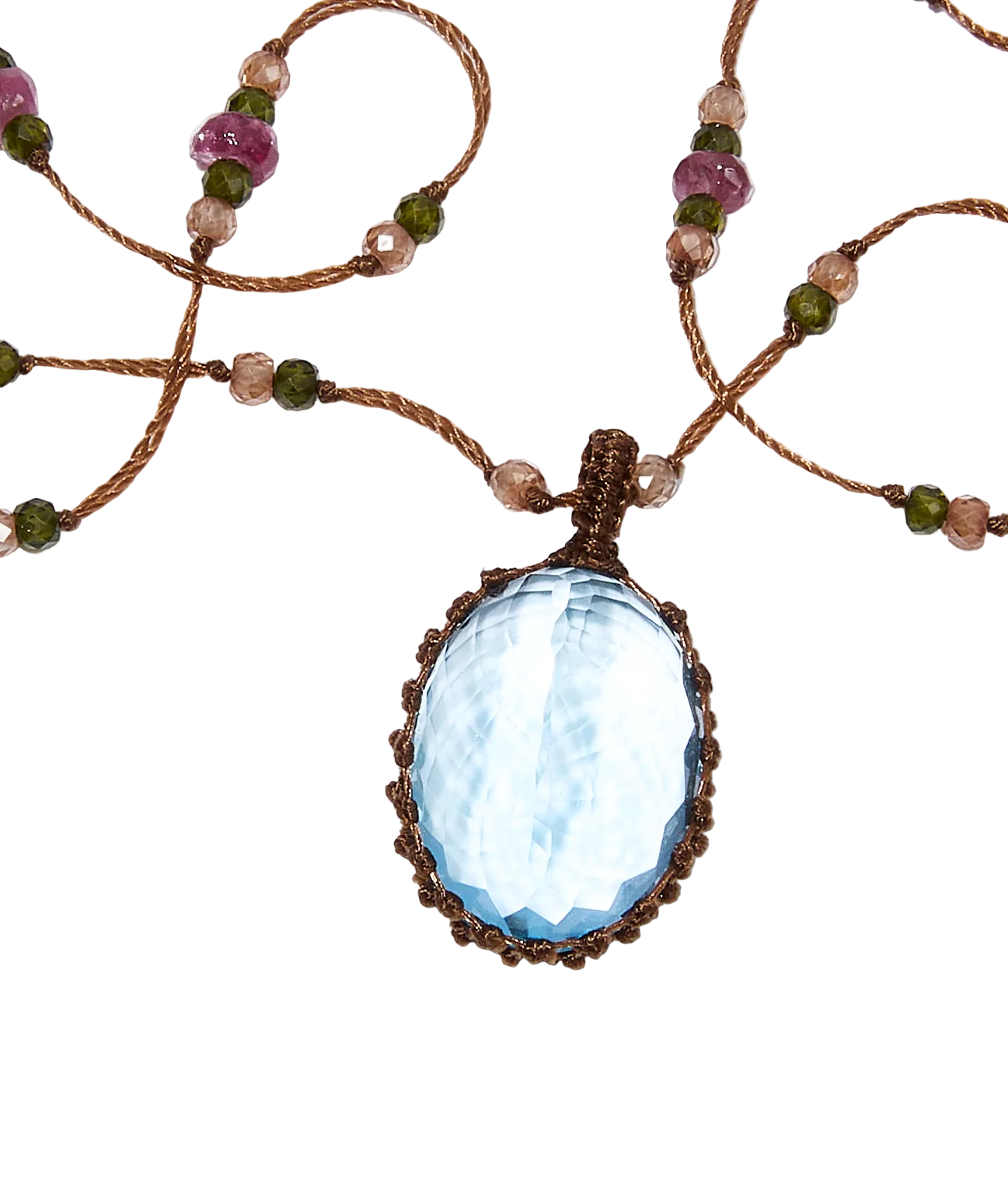 Collier Court Tibétain - Topaze Bleue - Mix Tourmaline - Fil Tabac