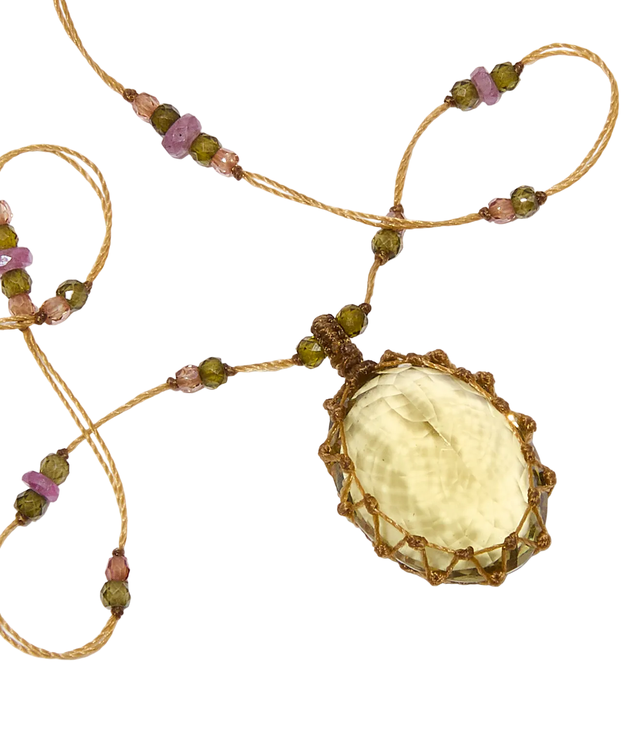 Sautoir Tibétain - Zitronen-Topas - Mix Rosen-Tourmalin - Tabakfarbener Faden