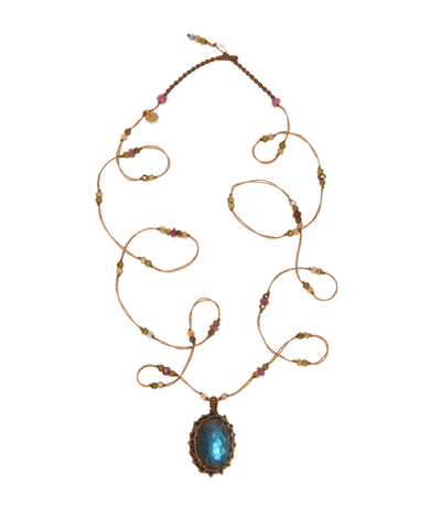 Sautoir Tibétain - Labradorite Feu Bleue - Mix Tourmaline - Fil Tabac