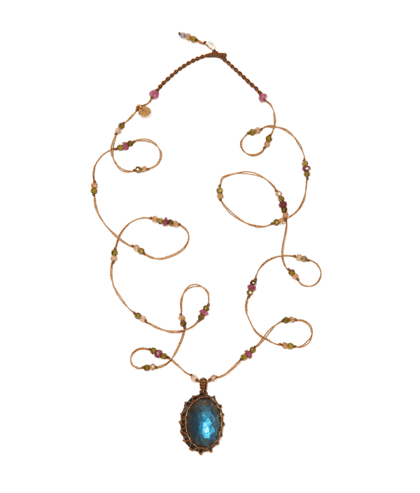 Sautoir Tibétain - Labradorite Feu Bleue - Mix Tourmaline - Fil Tabac