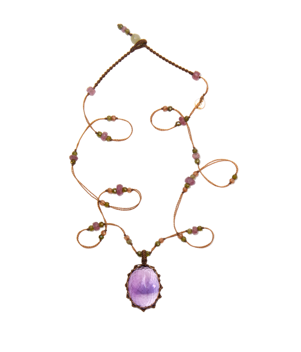 Collier Court Tibétain - Améthyste Violette Foncée - Mix Tourmaline - Fil Tabac
