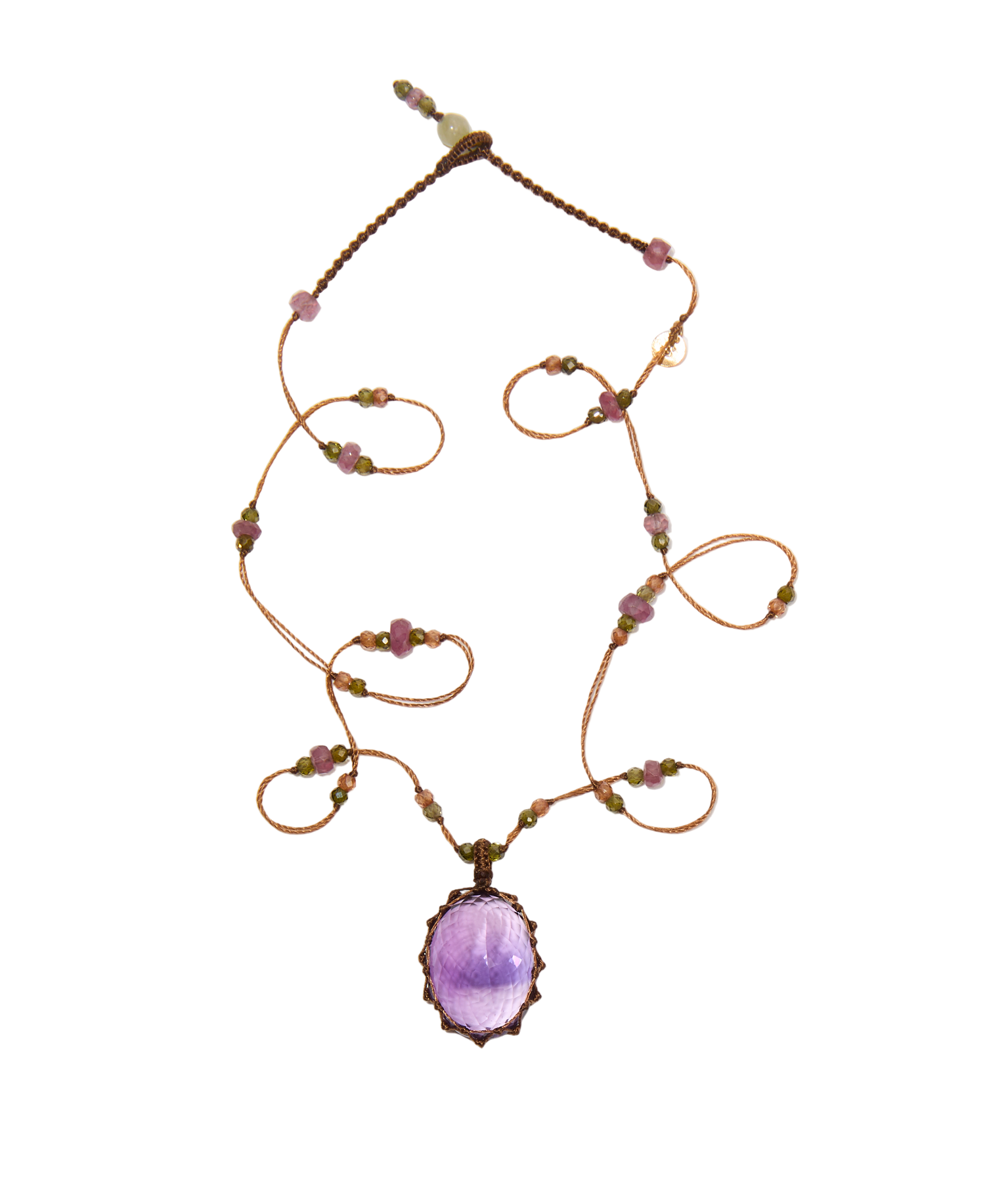 Collier Court Tibétain - Améthyste Violette Foncée - Mix Tourmaline - Fil Tabac