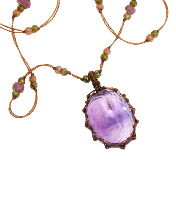 Collier Court Tibétain - Améthyste Violette Foncée - Mix Tourmaline - Fil Tabac