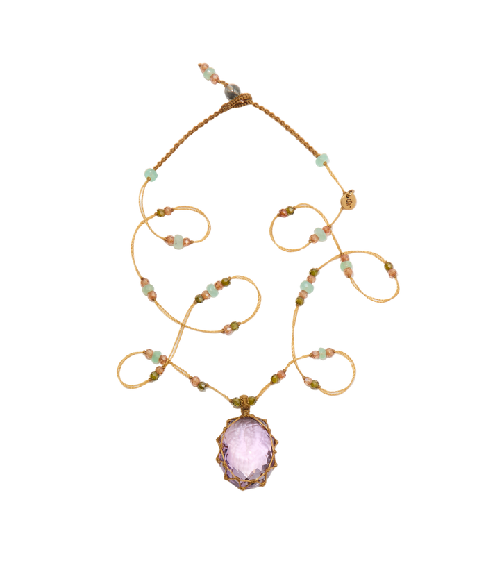 Collier Court Tibétain - Améthyste Violette Claire - Mix Chrysoprase - Fil Beige
