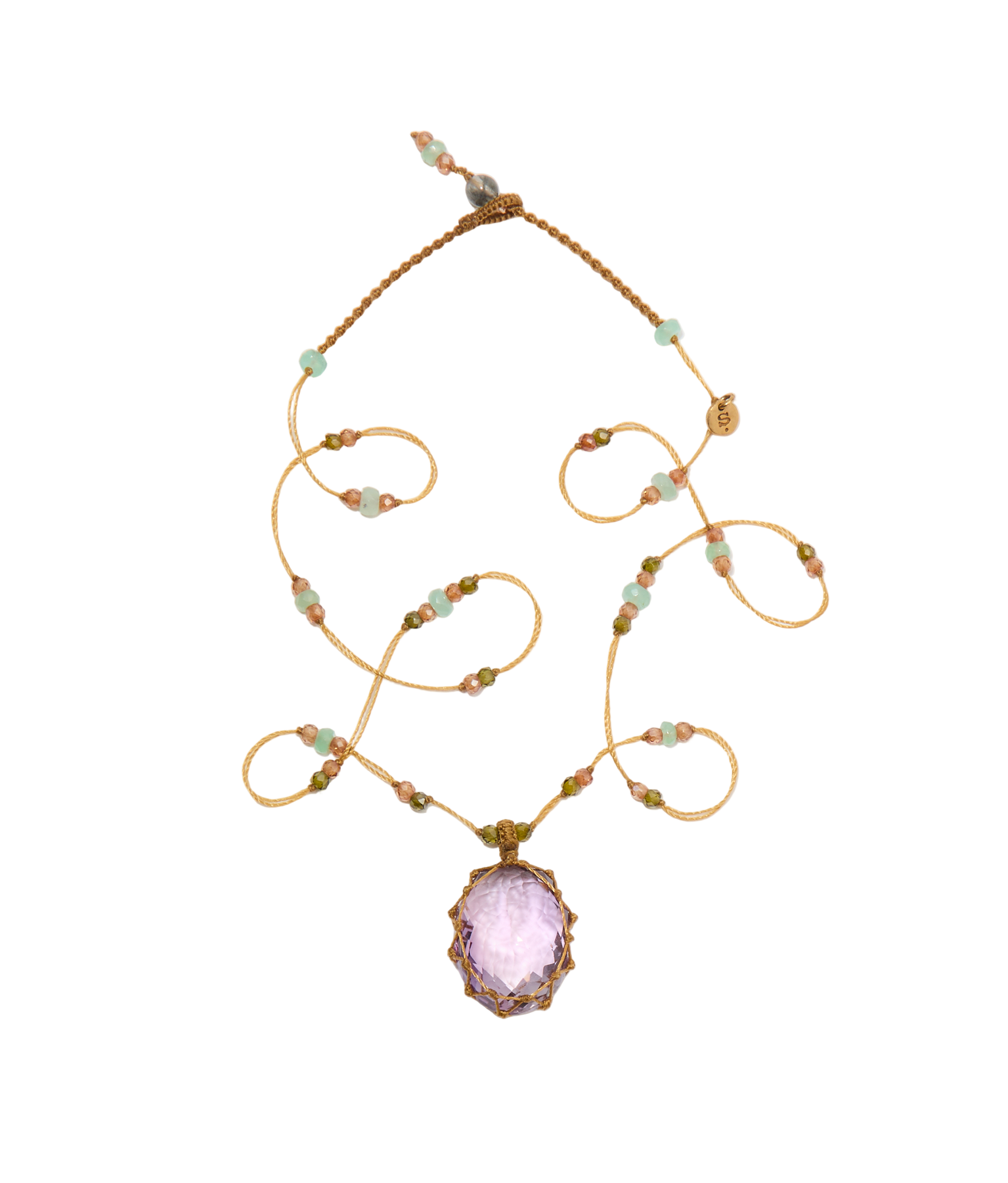 Collier Court Tibétain - Améthyste Violette Claire - Mix Chrysoprase - Fil Beige