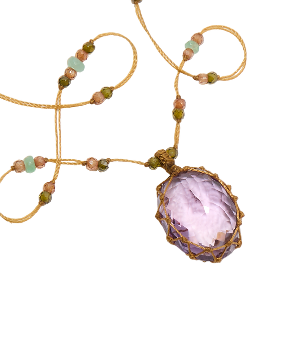 Collier Court Tibétain - Améthyste Violette Claire - Mix Chrysoprase - Fil Beige