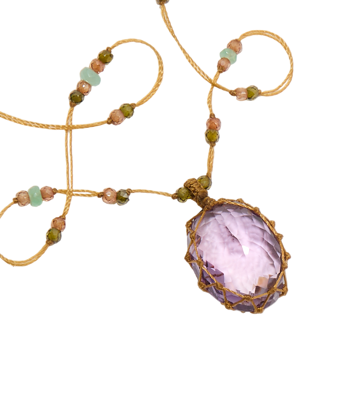 Collier Court Tibétain - Améthyste Violette Claire - Mix Chrysoprase - Fil Beige