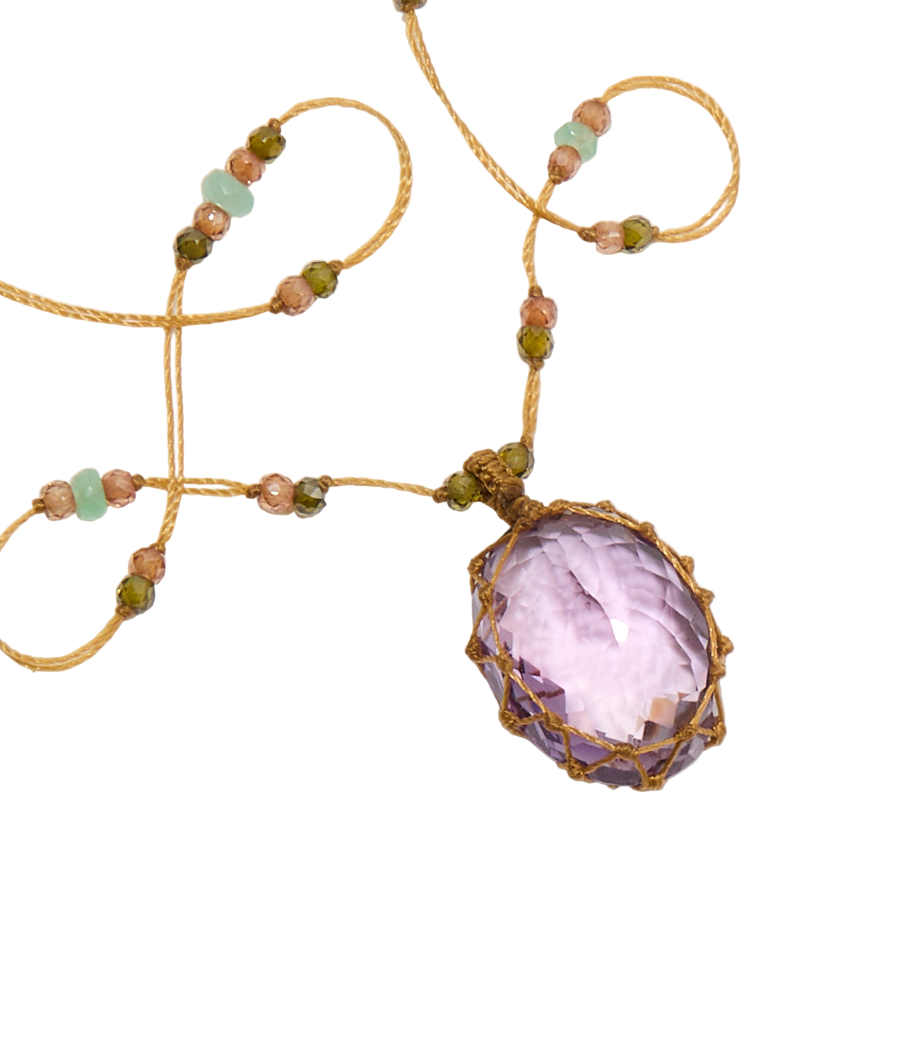 Collier Court Tibétain - Améthyste Violette Claire - Mix Chrysoprase - Fil Beige