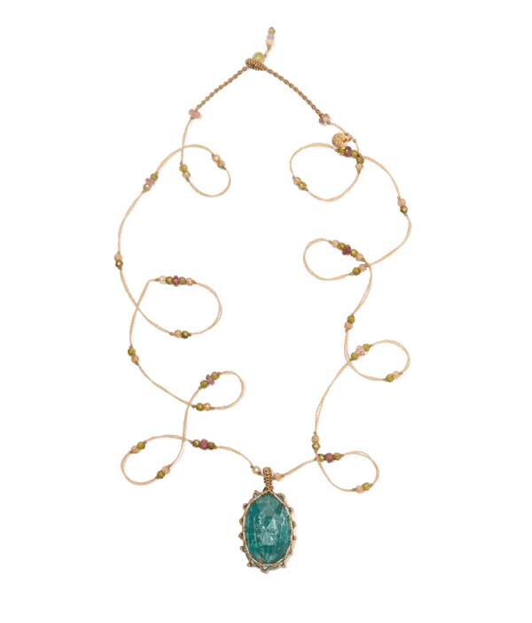 Sautoir Tibétain - Kyanite Teal Bleue - Mix Tourmaline - Fil Beige